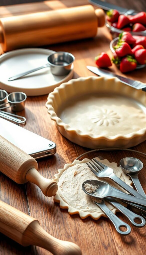 A neatly arranged collection of essential kitchen tools for pie making, bathed in warm, natural lighting. In the foreground, a rolling pin, pastry cutter, and a set of stainless steel measuring cups and spoons. In the middle ground, a ceramic pie dish, a crimped pie crust edge, and a wire cooling rack. In the background, a wooden rolling surface, a chef's knife, and a small bowl of fresh strawberries. The scene conveys a cozy, homemade atmosphere, ready to assist in the creation of a delightful no-bake strawberry pie.