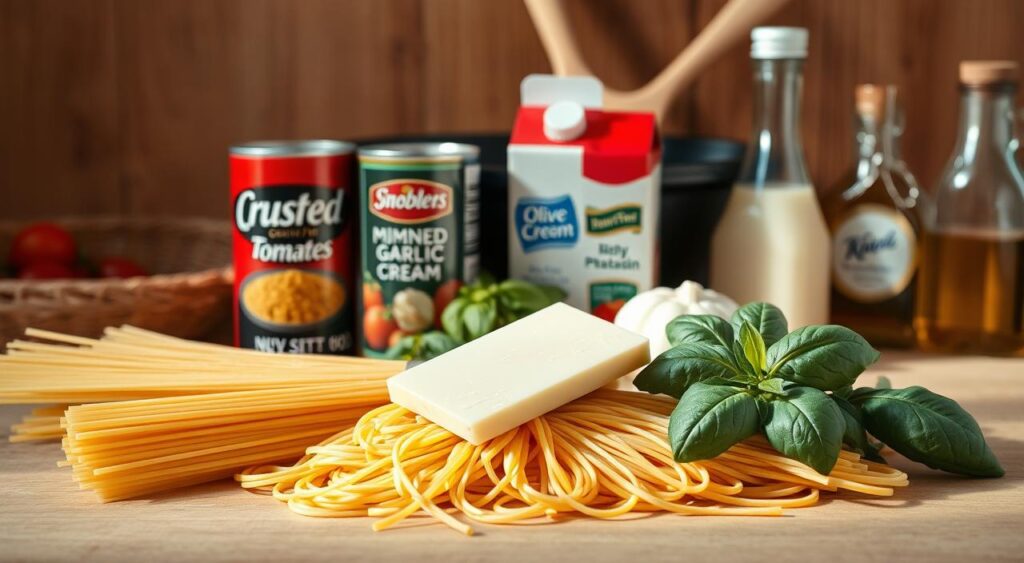 A neatly arranged still life of essential one pot pasta ingredients, bathed in warm, natural light. In the foreground, a pile of dry spaghetti, a wedge of Parmesan cheese, and a bundle of fresh basil leaves. In the middle ground, a can of crushed tomatoes, a jar of minced garlic, and a carton of heavy cream. In the background, a cast iron skillet, a wooden spoon, and a bottle of olive oil. The overall mood is one of simple, wholesome cooking, with a focus on high-quality, flavorful ingredients.