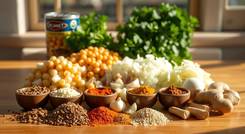 A neatly arranged still life of the key ingredients for a hearty chickpea curry. In the foreground, a collection of spices including whole cumin seeds, coriander, turmeric, and garam masala, arranged in small ceramic bowls. In the middle ground, a pile of freshly diced onions, garlic cloves, and peeled ginger roots. Behind them, a can of chickpeas and a bundle of fresh cilantro. The scene is illuminated by warm, natural lighting from a large window, casting soft shadows and highlighting the vibrant colors of the ingredients. The overall mood is one of simplicity, wholesome nutrition, and the promise of a flavorful, homemade meal.