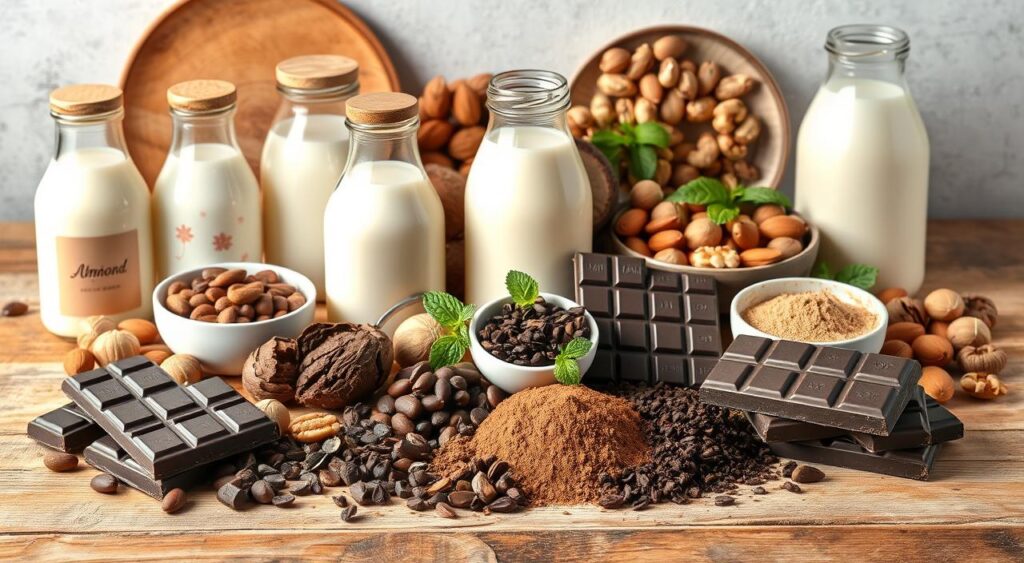 A neatly arranged still life showcasing the essential ingredients for dairy-free chocolate desserts. In the foreground, an assortment of high-quality dark chocolate bars, cacao nibs, and cocoa powder, all displayed on a rustic wooden surface. In the middle ground, a variety of plant-based milk alternatives, such as almond, coconut, and oat milk, alongside jars of maple syrup and vanilla extract. The background features an array of nuts, including almonds, hazelnuts, and walnuts, as well as a few sprigs of fresh mint, adding a touch of greenery. The lighting is soft and diffused, creating a warm, inviting atmosphere that emphasizes the rich, indulgent nature of these dairy-free chocolate components.
