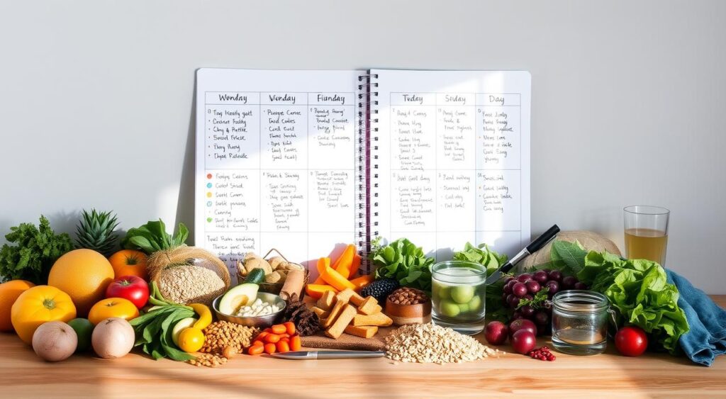 A neatly organized weekly meal plan, featuring an array of healthy, gut-friendly dishes. The plan is displayed on a clean, minimalist wooden surface, with handwritten notes and colorful icons detailing the recipes. In the foreground, a variety of fresh produce, whole grains, and protein sources are arranged artfully, casting soft, natural lighting. The middle ground showcases a sleek, spiral-bound notebook open to the meal plan pages, complemented by a pen and a glass of water. The background features a simple, neutral-toned wall, creating a calming and focused atmosphere. The overall composition conveys a sense of intentionality, organization, and a commitment to nourishing one's body with wholesome, gut-healthy meals.