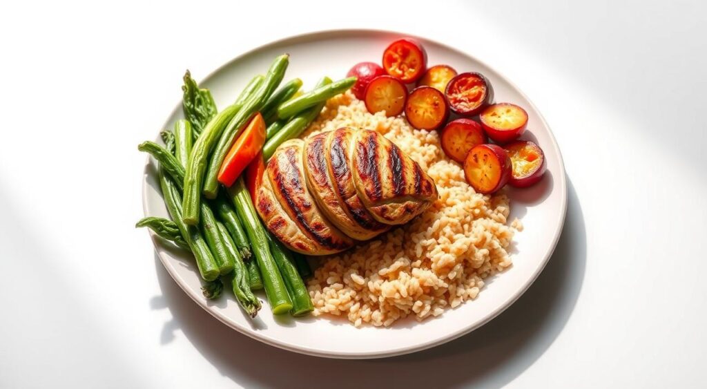 A perfectly balanced diabetes-friendly meal plate, captured in a clean, well-lit studio shot. The plate features a central arrangement of grilled chicken breast, roasted vegetables, and a small portion of brown rice, all arranged with precision. The lighting casts gentle shadows, highlighting the textures and colors of the fresh, high-quality ingredients. The plate is set against a simple, neutral background, allowing the food to be the focal point. The composition emphasizes the plate's ideal proportions, with the different food groups taking up their designated sections. The overall tone is one of health, balance, and culinary excellence, perfectly suited to illustrate the "Diabetes Plate Method" concept.