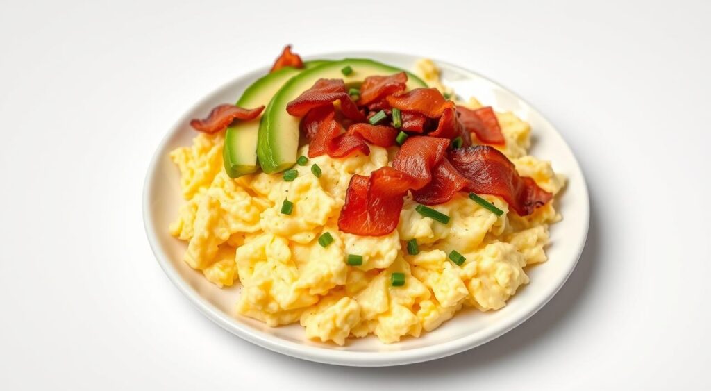A plate of fluffy scrambled eggs, topped with sliced avocado, crispy bacon, and a sprinkle of chopped chives. The eggs are cooked to perfection, with a creamy texture and a golden-brown color. The bacon is crisp and salty, providing a delightful contrast to the creamy avocado. The chives add a fresh, herbal note to the dish. The plate is set against a plain, white background, allowing the vibrant colors and textures of the food to take center stage. The lighting is soft and natural, creating a warm and inviting atmosphere. The camera angle is slightly above the plate, providing a clean and unobstructed view of the protein-packed breakfast.