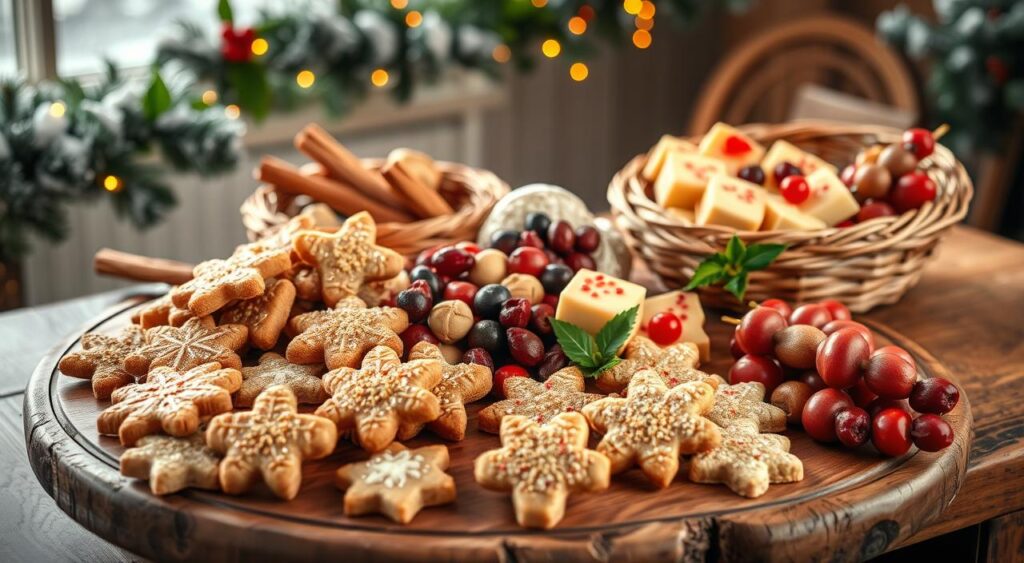 A platter of delightful holiday-themed treats arranged on a rustic wooden table, bathed in soft, warm lighting. In the foreground, an assortment of colorful and texturally diverse healthier bites, such as whole-grain snowflake-shaped cookies, bite-sized nut-based fudge, and vibrant fruit skewers. In the middle ground, a variety of seasonal ingredients like cinnamon sticks, dried cranberries, and fresh herbs spill out from woven baskets. The background features a cozy, inviting atmosphere with a twinkling garland, a sprig of holly, and a hint of a snow-covered window, conveying the joy and comfort of the holiday season.