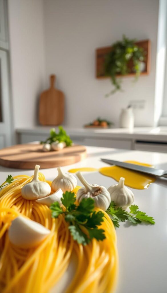 A pristine countertop bathed in warm, natural lighting. In the foreground, an array of essential ingredients for authentic Spaghetti Aglio e Olio: long, golden spaghetti noodles, fragrant garlic cloves, vibrant green parsley sprigs, and a drizzle of rich, golden olive oil. In the middle ground, a wooden cutting board with a sharp knife, ready to mince the garlic. The background features a simple, minimalist kitchen setting, with clean lines and a touch of rustic charm. The overall mood is one of simplicity, freshness, and the promise of a delicious, traditional Italian dish.