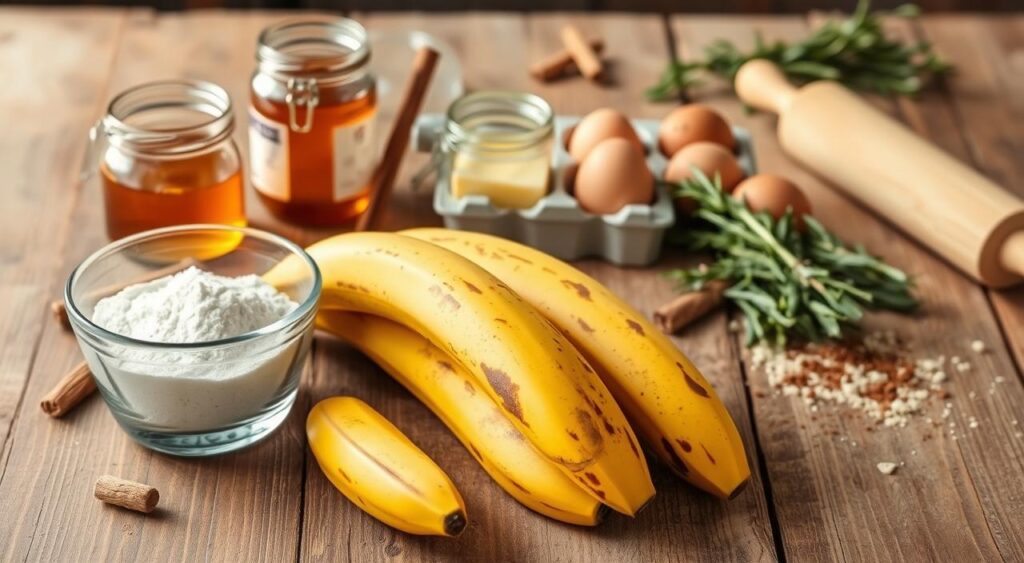 A rustic wooden table is illuminated by soft, natural lighting, showcasing a variety of gluten-free baking ingredients. In the foreground, ripe bananas, their skins speckled with brown, sit alongside a glass bowl filled with almond flour and a measuring spoon. In the middle ground, a jar of honey, a stick of melted butter, and a carton of eggs create a harmonious arrangement. The background features a bundle of fresh rosemary, a sprinkling of cinnamon, and a rolling pin, hinting at the process of crafting this nutritious, gluten-free banana bread. The overall scene conveys a sense of wholesome, homemade goodness, perfect for supporting digestive health.