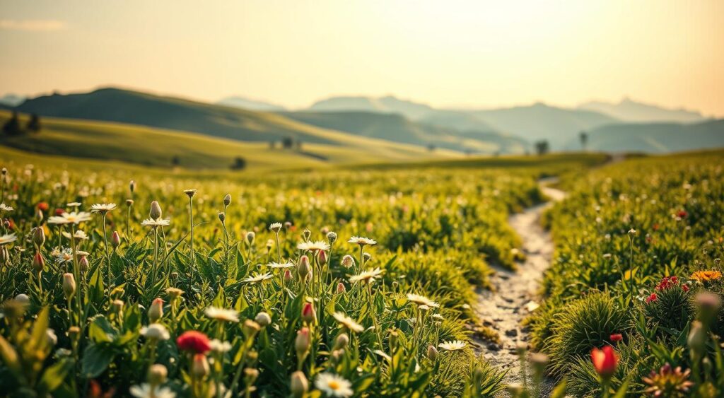 A serene gut landscape, illuminated by soft, natural lighting. In the foreground, a lush field of diverse flora and fauna, representing the vibrant ecosystem of a healthy gut microbiome. Delicate, gluten-free flora sway gently, their intricate details captured with precision. The middle ground features a winding path, leading the viewer deeper into the scene, symbolizing the journey of gut health. In the background, rolling hills and a tranquil sky, conveying a sense of balance and harmony. The overall atmosphere is one of peace, wellness, and the inherent connection between gluten-free eating and gut well-being.