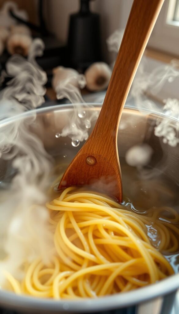 A stainless steel pot filled with boiling water, steam rising gently. Slender strands of spaghetti slowly submerging, swirling and cooking to a perfect al dente texture. A wooden spoon stirring the pasta, droplets of water splashing up in a mesmerizing dance. Sunlight streams through a kitchen window, casting a warm glow over the scene. The aroma of garlic and olive oil wafts through the air, promising a flavorful Italian dish. The focus is tight, capturing the essential elements of the cooking process in vivid detail. This is the heart of simple, authentic spaghetti aglio e olio, where the beauty lies in the effortless execution of a timeless recipe.