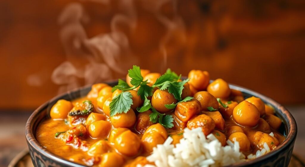 A steaming bowl of aromatic chickpea curry, set against a backdrop of warm, earthy tones. In the foreground, the curry glistens with spices, chunks of chickpeas and slices of vibrant vegetables. Garnished with a sprinkling of freshly chopped cilantro, the dish exudes a welcoming, homemade feel. The lighting is soft and natural, highlighting the rich, complex flavors. The composition is balanced, with the curry taking center stage, inviting the viewer to imagine pairing it with fragrant basmati rice, naan bread, or a crisp side salad. An appetizing and comforting scene that captures the essence of a quick, healthy curry dinner.