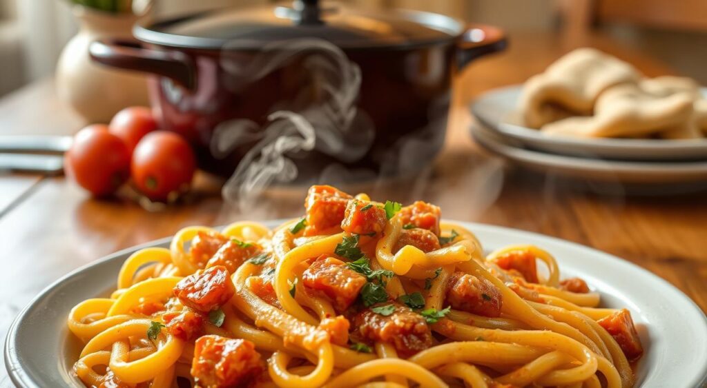 A steaming one-pot pasta dish, the centerpiece of a cozy family dinner. In the foreground, a generous serving of al dente pasta, enveloped in a rich, creamy sauce, with chunks of juicy tomatoes and vibrant herbs. The middle ground features a cast-iron pot, its glossy surface reflecting the warm, ambient lighting from above. In the background, a wooden table, adorned with simple, rustic decor, sets the stage for a comforting, homemade meal. The composition evokes a sense of wholesome, hearty satisfaction, perfect for bringing the family together around the table.