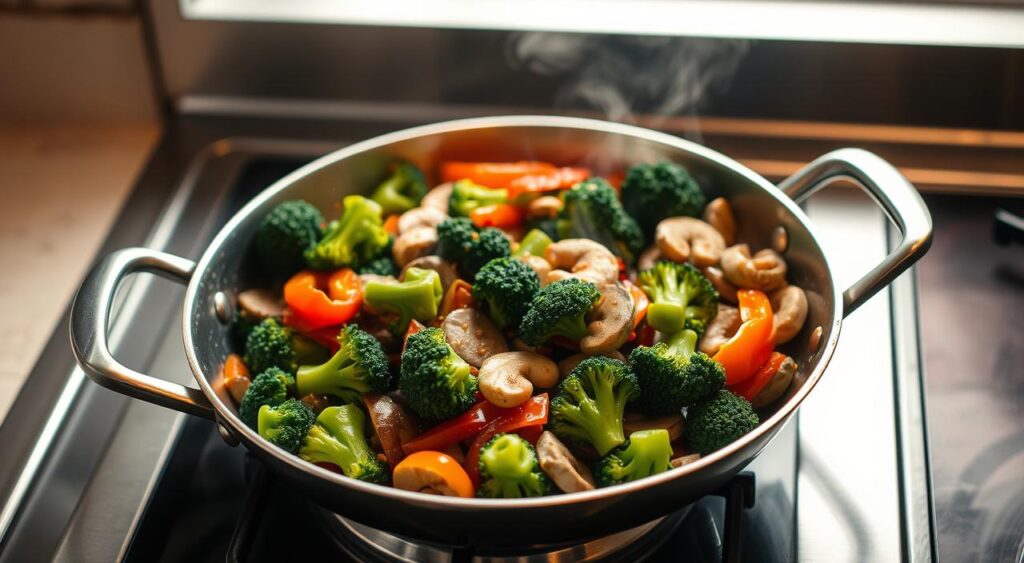A stir fry skillet sitting on a sleek, stainless steel stovetop, filled with a vibrant medley of freshly sautéed vegetables – crunchy bell peppers, tender broccoli florets, and juicy sliced mushrooms. The skillet's surface is lightly coated with a glistening, savory sauce, creating a tantalizing aroma that fills the air. Warm, natural lighting casts a soft, inviting glow over the scene, highlighting the skillet's polished exterior and the appetizing contents within. The composition is balanced, with the skillet positioned slightly off-center to create visual interest. The overall mood is one of simplicity, freshness, and the promise of a delicious, nourishing meal.