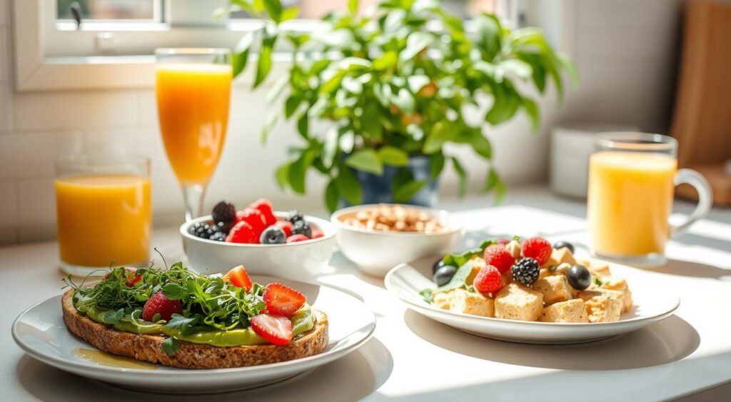 A sun-drenched kitchen counter showcases an artful arrangement of low-carb vegetarian breakfast items. In the foreground, a plate displays a vibrant avocado toast adorned with microgreens and a drizzle of olive oil. Nearby, a bowl of creamy Greek yogurt is topped with juicy berries and a sprinkling of toasted nuts. In the middle ground, a glass of freshly squeezed orange juice stands alongside a plate of fluffy scrambled tofu seasoned with herbs. The background features a lush potted plant, casting a soft, natural light across the scene. The overall mood is one of simplicity, health, and culinary delight.