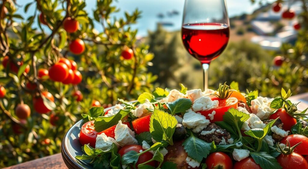A sunlit Mediterranean landscape, lush with olive groves, vibrant herbs, and ripe tomatoes. In the foreground, a beautifully plated Mediterranean-style salad, its colors and textures radiating health and vitality. The salad is adorned with glistening olive oil, crumbled feta, and a scattering of vibrant greens, evoking the anti-inflammatory properties of this renowned diet. In the middle ground, a glass of ruby-red wine casts a warm glow, symbolizing the moderate and mindful consumption that is integral to the Mediterranean lifestyle. The background features a panoramic view of the azure sea, with distant fishing boats and whitewashed buildings, creating a sense of tranquility and balance. The overall scene exudes a harmonious blend of flavors, nutrients, and the restorative power of this time-honored culinary tradition.