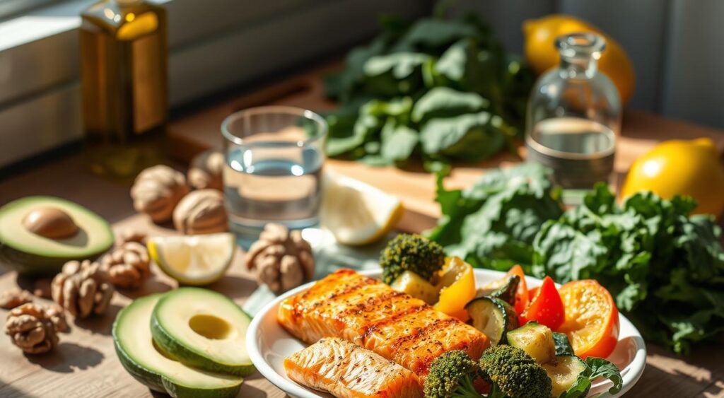 A sunlit still life showcasing a selection of fresh, nutrient-dense ingredients for a diabetic-friendly meal. In the foreground, a plate displays sliced avocado, grilled salmon, and a colorful array of roasted vegetables like broccoli, bell peppers, and zucchini. The middle ground features a glass of water and a handful of walnuts, known for their high protein and healthy fats. In the background, a wooden cutting board holds a variety of leafy greens, such as spinach and kale, alongside a bottle of olive oil and a few lemon wedges. Soft, natural lighting casts a warm glow over the scene, creating an inviting and appetizing atmosphere.