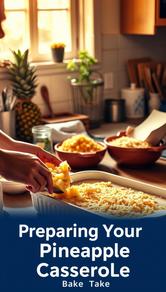 A sunny kitchen counter, neatly arranged with the ingredients for a classic pineapple casserole: fresh pineapple chunks, shredded cheddar cheese, breadcrumbs, and a creamy custard base. The scene is bathed in warm, golden light, creating a comforting and inviting atmosphere. In the foreground, a chef's hands carefully mix the ingredients, expertly blending the flavors together. The middle ground showcases the prepared casserole dish, ready to be baked to perfection. In the background, a few kitchen utensils and a potted plant add to the homey, domestic feel. This image captures the essence of the "Preparing Your Pineapple Casserole Bake Take" section, inviting the viewer to experience the simple joy of creating this delicious dish.