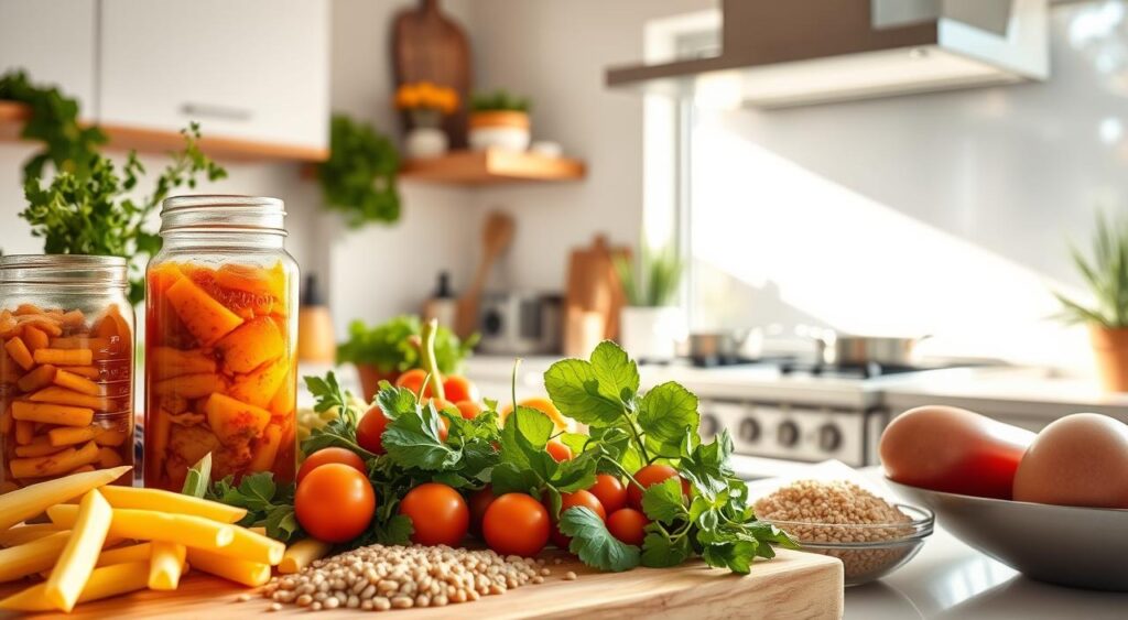 A sunny, modern kitchen filled with fresh, vibrant ingredients. In the foreground, a cutting board showcases an array of colorful vegetables, herbs, and whole grains. Nearby, a glass jar contains a fermented probiotic-rich food like kimchi or sauerkraut. The middle ground features a sleek, minimalist stove, with pots and pans simmering with nourishing, gut-friendly dishes. The background has a large window allowing natural light to flood the space, creating a warm, welcoming atmosphere. The lighting is soft and diffused, highlighting the textures and colors of the ingredients. The overall mood is one of health, simplicity, and efficiency, reflecting the time-saving tips for gut-healthy cooking.