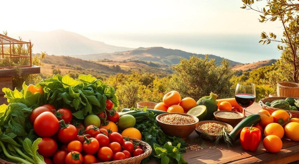 A vibrant Mediterranean landscape bathed in warm, golden sunlight. In the foreground, a bountiful harvest of fresh produce - crisp vegetables, ripe tomatoes, leafy greens, and juicy citrus fruits. In the middle ground, a rustic wooden table adorned with a simple, yet elegant spread of olive oil, whole grains, and a glass of red wine. In the background, a picturesque vista of rolling hills, olive groves, and the distant shimmering sea. The scene conveys a sense of balance, mindfulness, and the nourishing power of the Mediterranean diet.