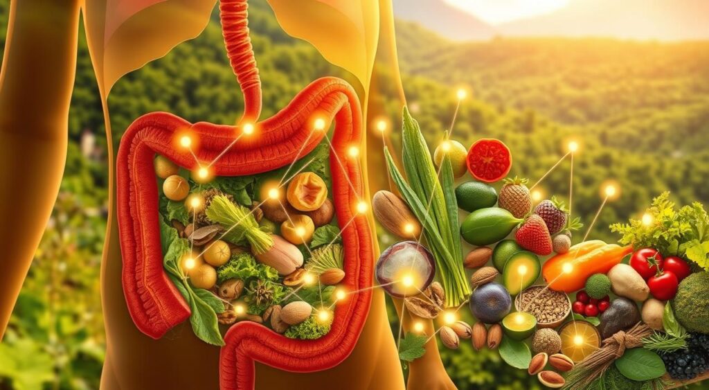 A vibrant, photorealistic illustration of the connection between gut health and diet. In the foreground, a cross-section of a healthy human gut, with a diverse ecosystem of gut microbiome flourishing. The middle ground features a variety of nutrient-dense vegan foods, including leafy greens, fermented vegetables, nuts, and berries, all interconnected by glowing strands representing the flow of nutrients and their impact on gut health. The background depicts a lush, verdant landscape, symbolizing the holistic, natural relationship between diet and gut wellbeing. Warm, natural lighting illuminates the scene, creating a sense of balance and vitality. Rendered with a high level of detail and scientific accuracy to convey the intricate, symbiotic relationship between gut microbiome and plant-based nutrition.