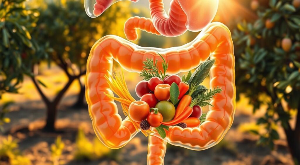 A vibrant, photorealistic image of a healthy gut, set against a backdrop of lush Mediterranean landscape. In the foreground, a transparent cross-section of the intestines, showcasing the intricate network of microbiome flora. The middle ground features a cluster of fresh, colorful Mediterranean vegetables and herbs, symbolizing the gut-nourishing properties of the Mediterranean diet. The background depicts a sun-dappled olive grove, with warm, golden lighting filtering through the leaves. The overall scene conveys a sense of balance, vitality, and the harmonious relationship between diet and gut health.