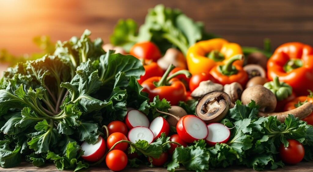 A vibrant still life of an assortment of gut-boosting vegetables bathed in warm, natural lighting. In the foreground, crisp kale leaves, leafy bok choy, and crunchy radishes in shades of green and red. In the middle ground, juicy tomatoes, earthy mushrooms, and colorful bell peppers. In the background, a blurred out wooden surface, hinting at a rustic, farmhouse-style setting. The arrangement is elegant yet casual, inviting the viewer to imagine the delicious, nutritious stir-fry that could be created with these wholesome ingredients.