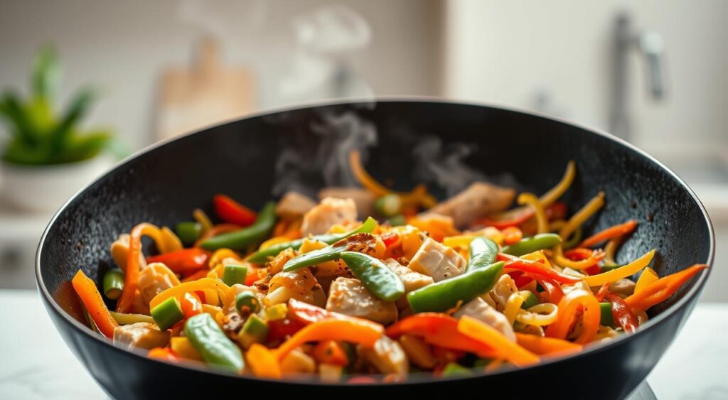 A vibrant stir-fry dish, showcasing a harmonious blend of fresh vegetables sizzling in a wok under warm, soft lighting. In the foreground, juicy slices of chicken or tofu mingle with a colorful array of crunchy bell peppers, snap peas, and julienned carrots. The middle ground features a fragrant medley of garlic, ginger, and aromatic spices, creating an inviting aroma. The background is a clean, minimalist kitchen setting, allowing the vibrant colors and textures of the stir-fry to take center stage. The overall scene conveys a sense of nourishment, balance, and the connection between a wholesome meal and a healthy gut.