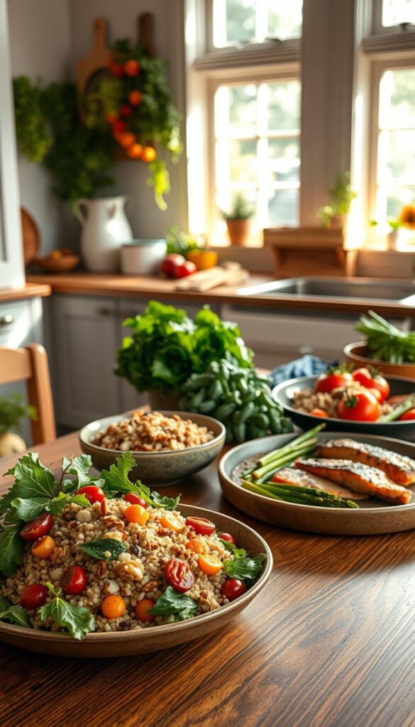 A vibrant, sun-drenched kitchen scene filled with an array of fresh, colorful ingredients. In the foreground, an elegant wooden table is adorned with a variety of healthy dinner options - a crisp salad overflowing with leafy greens, vibrant vegetables, and a light vinaigrette dressing; a hearty grain bowl brimming with quinoa, roasted root vegetables, and a sprinkle of toasted nuts; and a sizzling pan of grilled salmon accompanied by a medley of roasted asparagus and cherry tomatoes. Soft, natural lighting filters in through large windows, casting a warm glow over the scene. The overall mood is one of simplicity, nourishment, and the joy of wholesome, home-cooked meals.