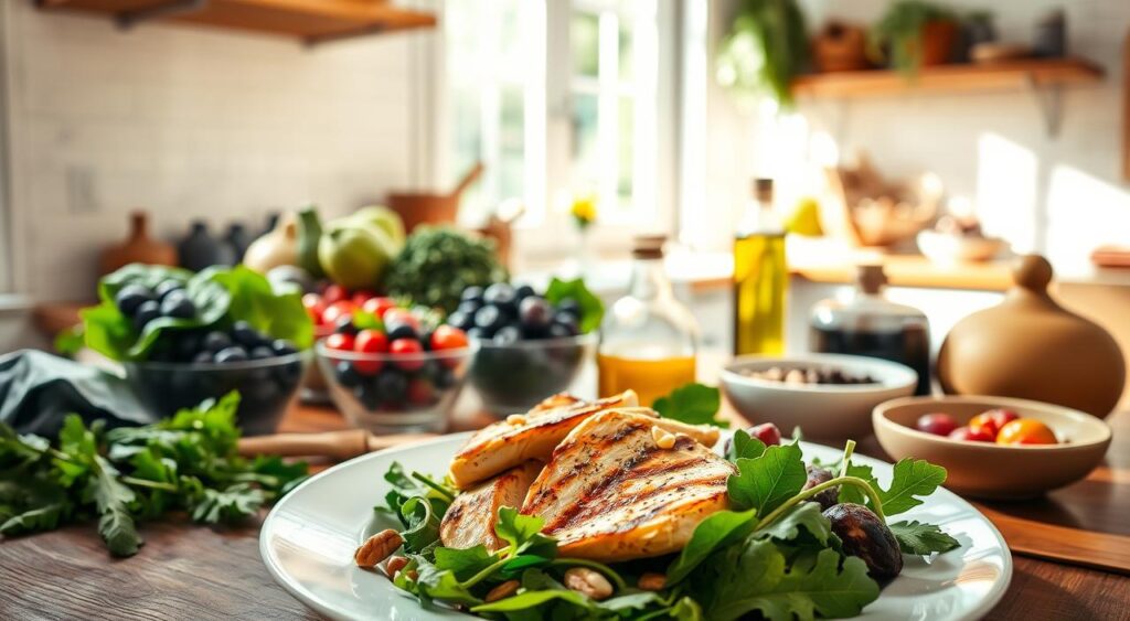 A vibrant, sun-drenched kitchen setting with a variety of fresh, low-carb ingredients arranged on a wooden table. In the foreground, a plate showcases a balanced, diabetes-friendly meal, featuring grilled chicken, leafy greens, avocado, and a sprinkle of nuts. The middle ground features neatly arranged bowls of berries, olive oil, and other healthy condiments. In the background, a window allows natural light to filter in, casting a warm glow over the scene. The atmosphere is one of simplicity, health, and the joy of mindful, low-carb eating for effective diabetes management.