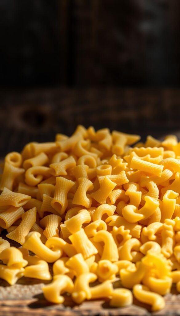 A visually appealing arrangement of various pasta shapes, including penne, farfalle, fusilli, and macaroni, artfully displayed on a rustic wooden surface. The pasta is illuminated by natural lighting, casting soft shadows and highlighting the unique textures and colors of each variety. The composition is balanced, with the pasta shapes occupying the foreground and middle ground, while the background is blurred to create a focus on the main subject. The overall mood is warm, inviting, and conducive to highlighting the versatility of these pasta shapes for one-pot cooking.