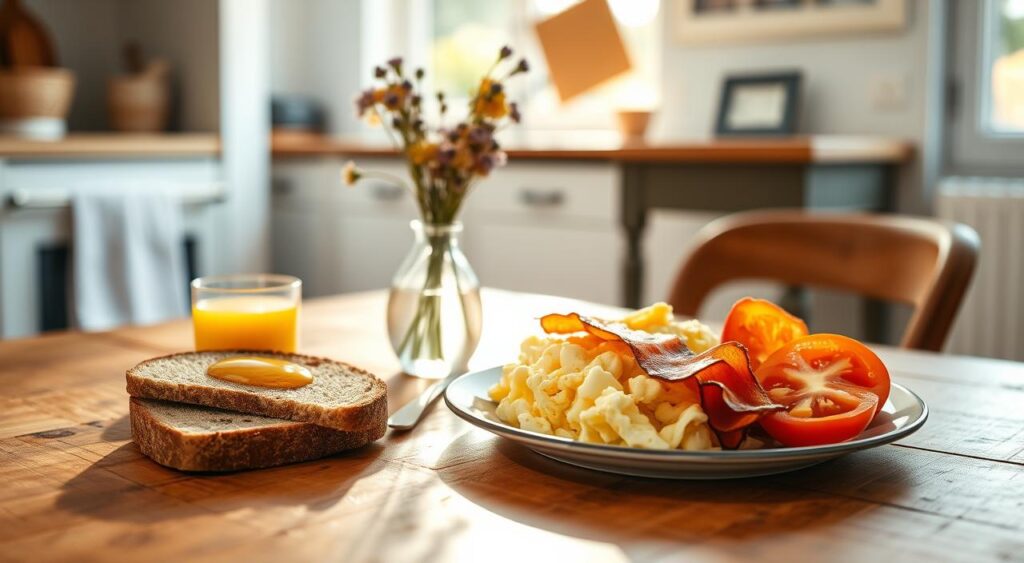 A visually appealing, nourishing breakfast scene captured in warm, natural lighting. In the foreground, a rustic wooden table holds a plate of fluffy scrambled eggs, crisp bacon, juicy sliced tomatoes, and a slice of whole-grain toast drizzled with golden honey. A glass of freshly squeezed orange juice stands beside it. In the middle ground, a small vase displays a simple wildflower arrangement, complementing the earthy tones. The background reveals a cozy, sun-drenched kitchen with clean, minimalist decor, conveying a sense of calm and wholesome living. The overall mood is one of simplicity, health, and the pleasures of a mindful morning routine.