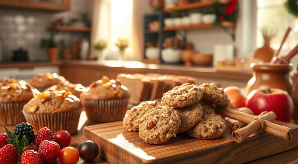 A warm, cozy kitchen filled with the aroma of freshly baked holiday treats. On the countertop, an array of wholesome, homemade baked goods - glistening whole wheat muffins, moist banana bread studded with walnuts, and bite-sized oatmeal cookies sweetened with honey. Sunlight streams in through the windows, casting a soft, golden glow over the scene. In the foreground, a rustic wooden serving board showcases the healthier holiday bakes, complemented by fresh seasonal produce - plump berries, crisp apples, and fragrant cinnamon sticks. The overall atmosphere is one of nourishment, comfort, and festive cheer, inviting the viewer to indulge in these delectable, guilt-free delights.