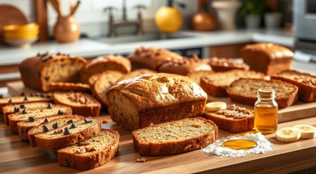 A well-lit kitchen counter, adorned with an artful arrangement of various gluten-free banana bread slices. In the foreground, a freshly baked loaf, its golden crust glistening under soft, natural lighting. Surrounding it, an array of creative variations - some studded with chocolate chips, others swirled with cinnamon, and a few topped with crunchy walnuts or pecans. The middle ground showcases a selection of toppings and mix-ins, including sliced bananas, a sprinkle of powdered sugar, and a drizzle of honey. In the background, a blurred, cozy kitchen scene sets the stage, hinting at the warmth and homemade goodness of these delectable gluten-free banana bread creations.