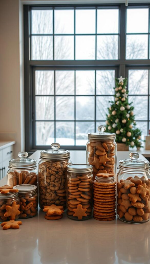 A well-lit, spacious kitchen counter displaying an assortment of freshly baked holiday cookies stored in airtight glass jars and tin containers. The jars are arranged neatly, each showcasing a different type of cookie - from gingerbread to sugar cookies to shortbread. The lighting is soft and natural, highlighting the vibrant colors and textures of the treats. In the background, a large window offers a picturesque view of a snowy winter landscape, creating a cozy and inviting atmosphere. The image conveys a sense of order, organization, and the joy of preserving homemade holiday delicacies.