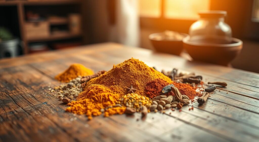 A wooden table with a rustic surface, bathed in warm, golden light from a nearby window. In the center, an artfully arranged assortment of whole and ground spices, including turmeric, cumin, coriander, cardamom, and cloves. The spices are carefully positioned to showcase their individual colors and textures, creating a visually striking and authentic spice blend. The image has a depth of field that subtly blurs the background, allowing the spices to take center stage. The overall mood is one of culinary expertise, inviting the viewer to imagine the delicious flavors that this blend would impart to a fragrant, homemade curry.