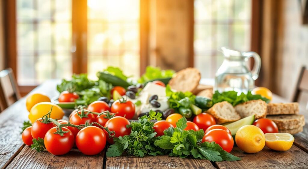 An assortment of vibrant Mediterranean diet foods arranged on a rustic wooden table, illuminated by warm, natural sunlight filtering through large windows. In the foreground, a variety of fresh produce including ripe tomatoes, crisp cucumbers, leafy greens, and fragrant herbs. In the middle ground, a platter of feta cheese, olives, and crusty bread, alongside a drizzle of golden olive oil. In the background, a simple glass carafe of water and a few slivers of lemon. The scene exudes a sense of simplicity, freshness, and the healthy, balanced essence of the Mediterranean lifestyle.