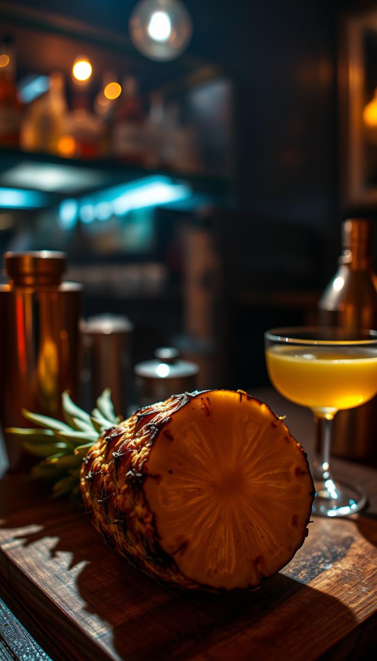 Charred pineapple cocktail set against a dimly lit bar scene. In the foreground, a large cut pineapple slice sits on a wooden cutting board, its edges charred and caramelized. Nearby, a copper cocktail shaker and glass filled with a golden liquid. Mood lighting casts warm, dramatic shadows, creating an intimate, speakeasy atmosphere. Shallow depth of field with a slight fisheye lens distortion, drawing the viewer's eye to the vibrant, textured pineapple and sleek cocktail glass. Evoke the aroma of charred fruit and the smooth, smoky taste of the cocktail.