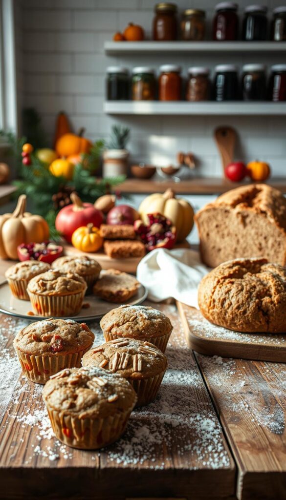 Cozy holiday baking scene with healthy, seasonal recipes. A rustic wooden table in the foreground, dusted with flour, holds an array of baked goods - whole wheat muffins, granola bars, and a freshly baked loaf of hearty wheat bread. Midground features a mix of winter squash, pomegranates, and nuts, complemented by warm, earthy tones. The background showcases a sun-filled kitchen with white subway tiles and shelves lined with jars of homemade preserves. Gentle, soft lighting creates a welcoming, nurturing atmosphere. Composition emphasizes balance and natural textures, conveying the comfort and joy of healthful holiday baking.