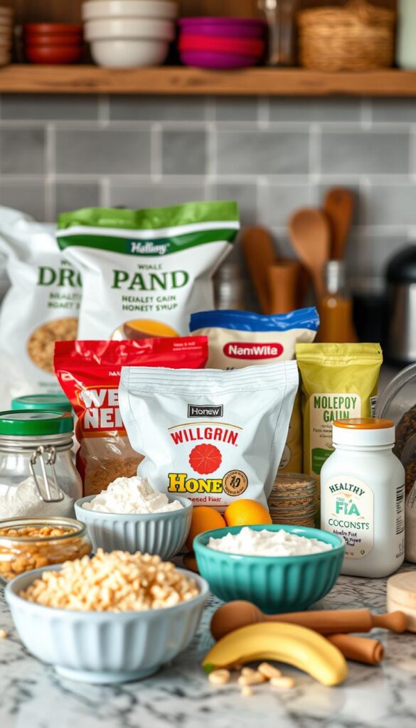 Create an image of a kitchen counter with various healthy baking ingredients, including whole grain flours, natural sweeteners, and healthy fats.