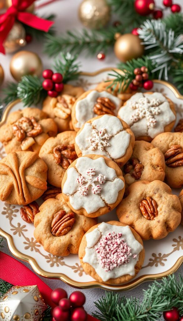 Create an image of a plate of assorted nut-based holiday cookies.