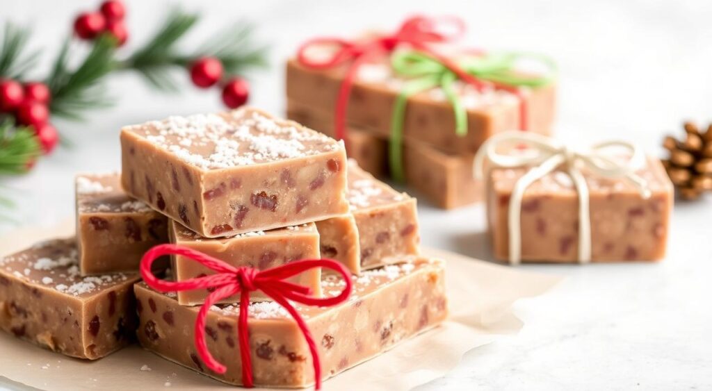 Create an image of keto fudge cut into squares and wrapped as gifts.