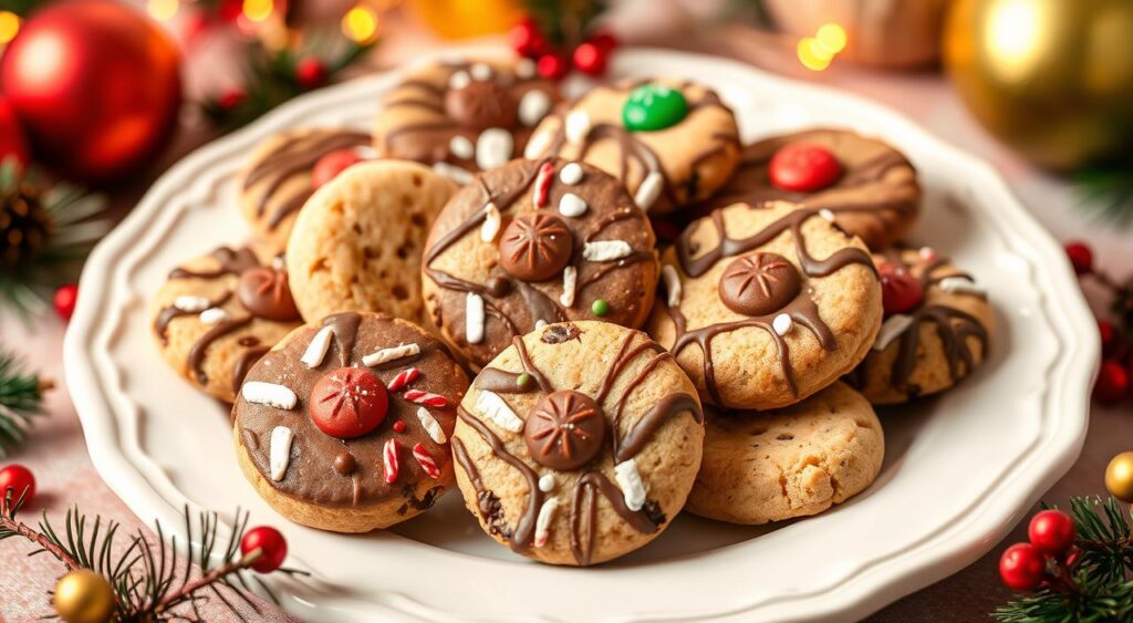 Generate an image of a plate of no-bake cookies with a holiday theme.