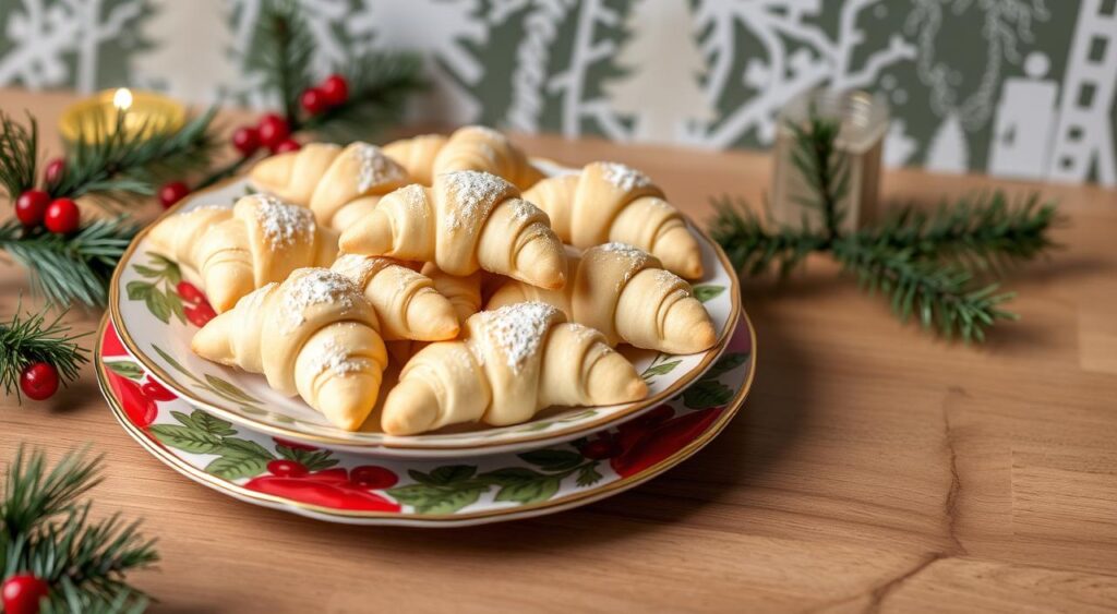 Generate an image of almond crescent cookies on a festive holiday plate.