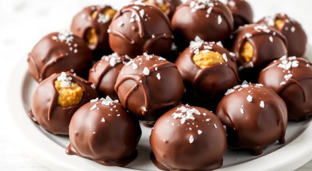 Generate an image of peanut butter balls coated in dark chocolate and sprinkled with sea salt.