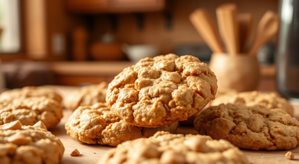 Generate an image of peanut butter oatmeal cookies fresh out of the oven.