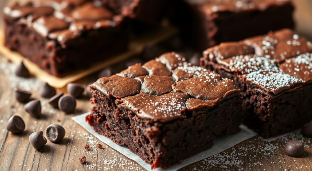 Generate an image of rich, fudgy dairy-free chocolate brownies with a crackly top.