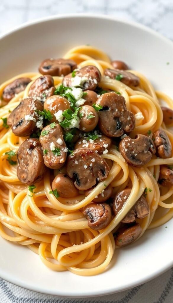 Image of a creamy mushroom pasta dish