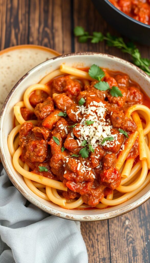 Image of a one pot meat sauce pasta