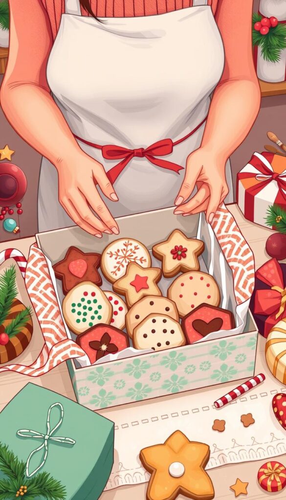 Image of a person packaging homemade holiday cookies for shipping