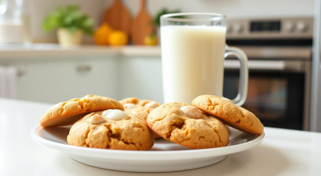 Image of a plate of healthy sugar cookies with a glass of cold milk