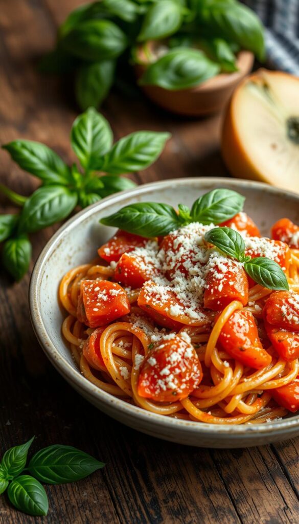 Image of a pot with tomato and vegetable pasta