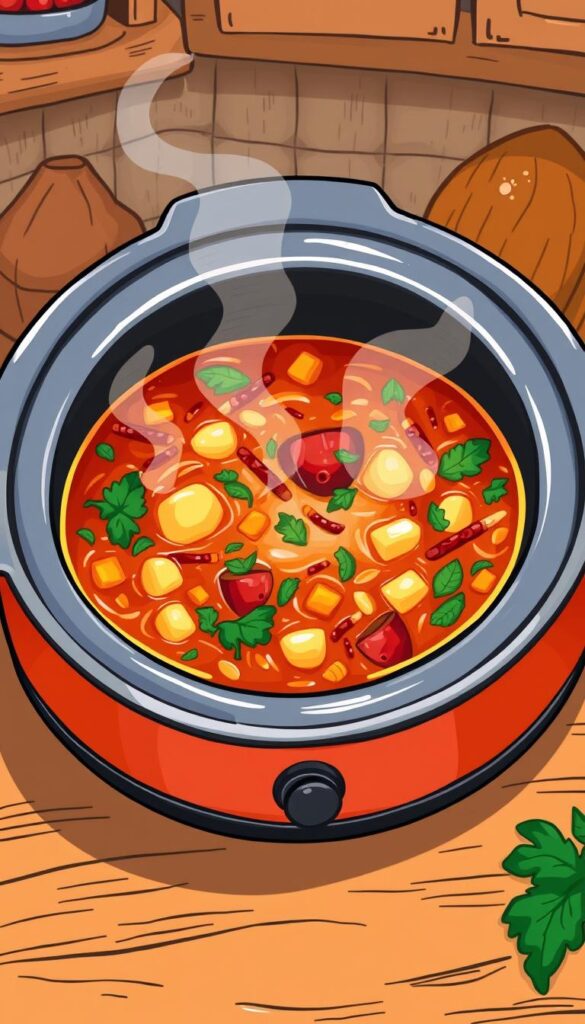 Image of a slow cooker filled with a hearty soup